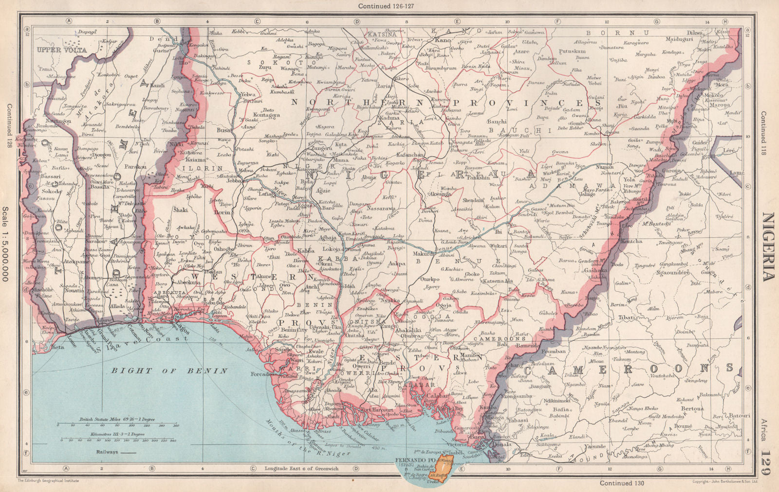 NIGERIA. Dahomey (Benin) Fernando Po/Bioko. BARTHOLOMEW 1952 old vintage map